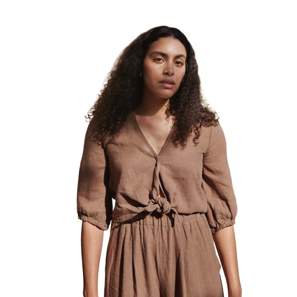 Tops - First Rite Women's Brown Linen Tie‎ Front V-neck Cropped Blouse Top Size Small
